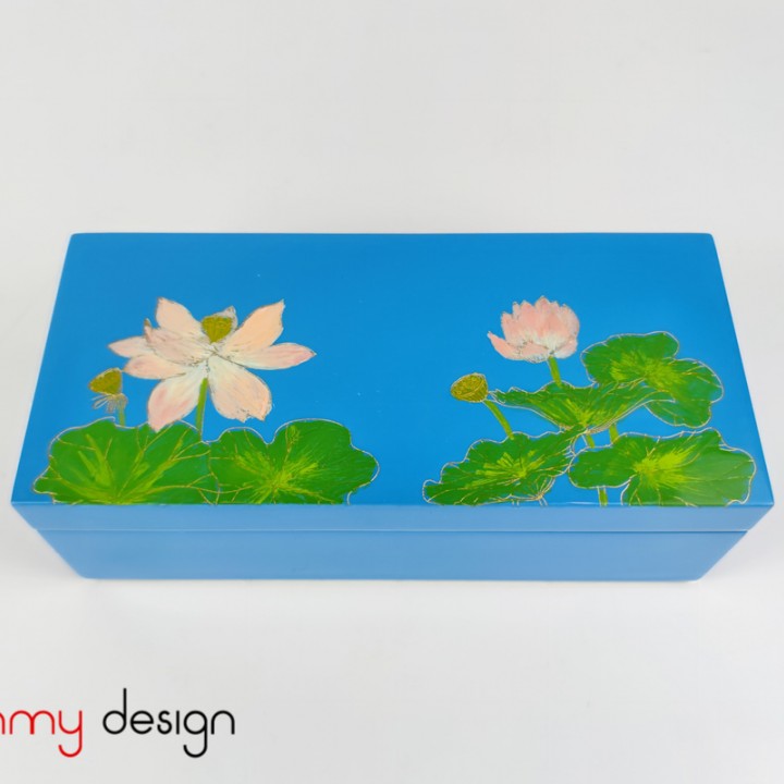 Blue rectangular lacquer box with the hinge engraved with lotus pond 10*22*H8cm